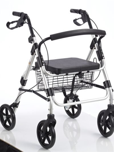 Andador cuatro ruedas, asiento y canasto